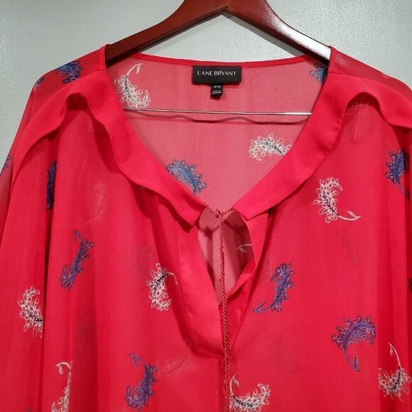 Lane Bryant Womens Blouse Top V Neck Kimono Sleeve Floral Print Red Blue 14/16. - Picture 3 of 15